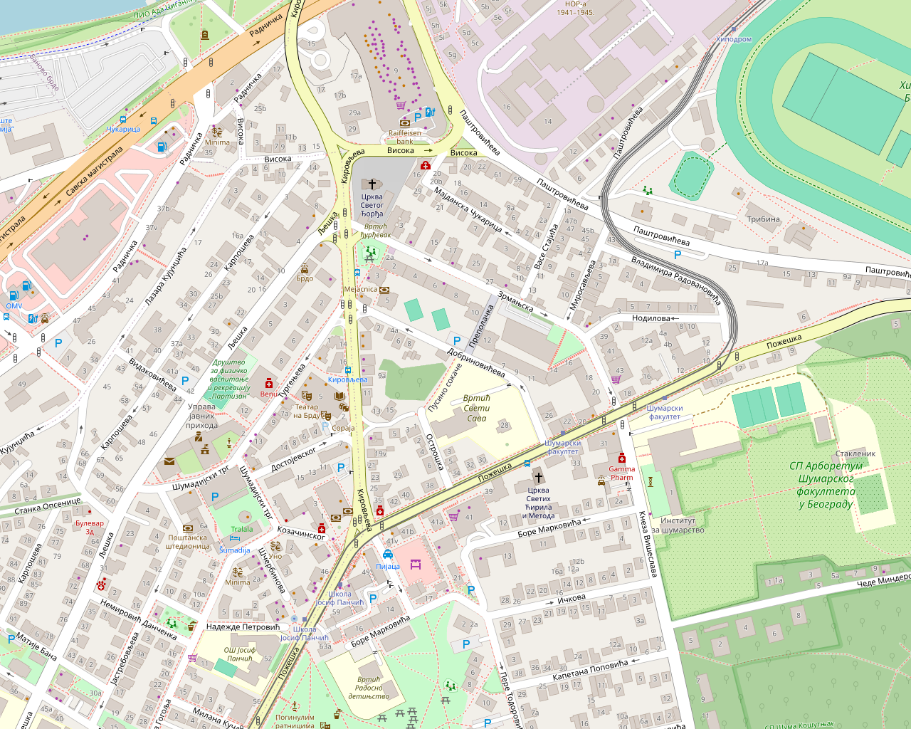 Mapa Banovog brda sa lokacijom škole u Beogradskog bataljona 6